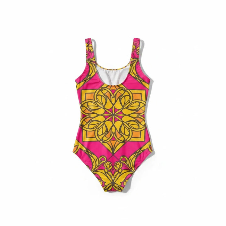 Sea Dragon Dreams one-piece swimsuit in pink and yellow with a bold floral mandala print and scoop neckline.