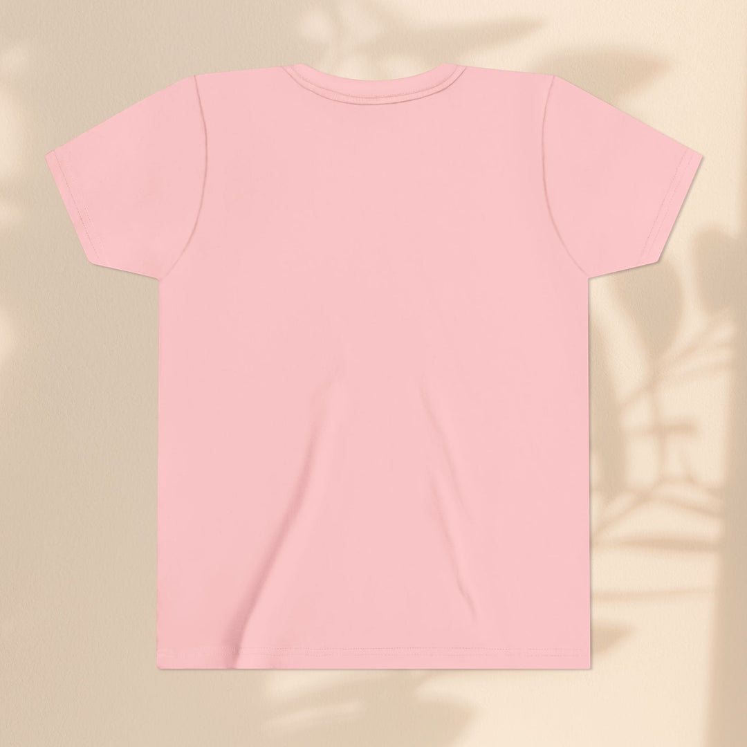 Sea Dragon Dreams light pink youth t-shirt, back view, soft cotton blend fabric, plain design.