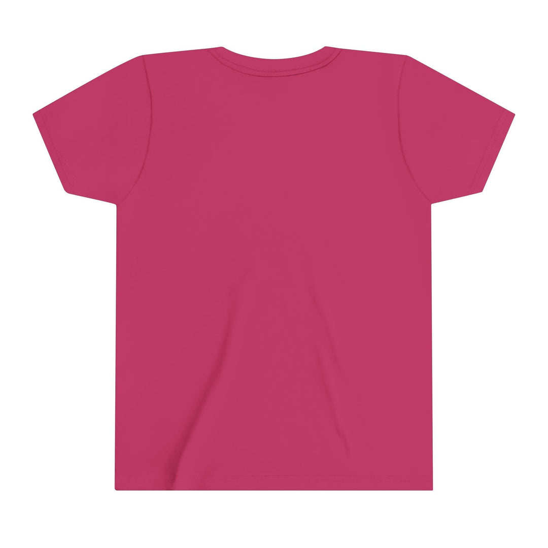 Sea Dragon Dreams youth short sleeve crew neck t-shirt in solid dark pink cotton, back view.