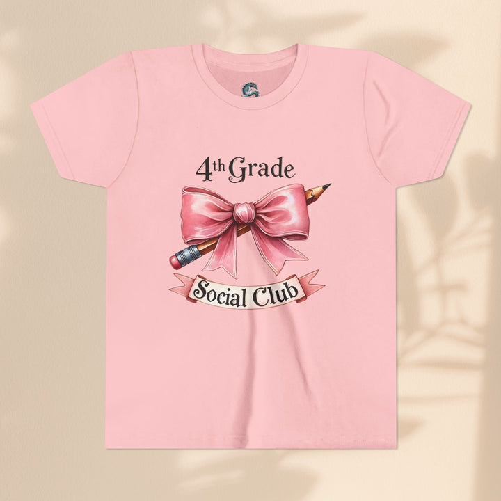 Sea Dragon Dreams youth pink cotton t-shirt featuring a 4th Grade Social Club graphic with a pencil and pink bow.