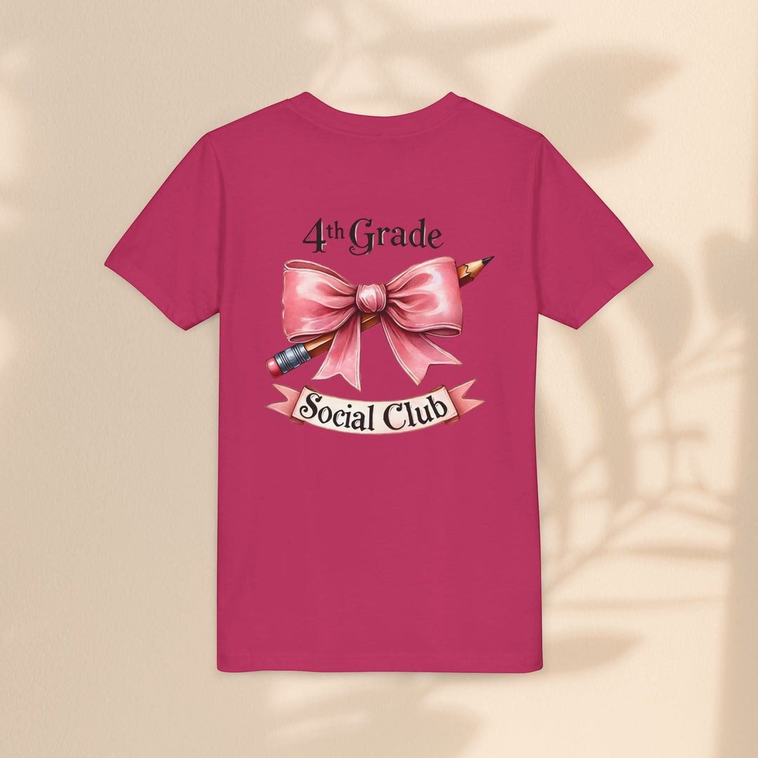 Sea Dragon Dreams youth short sleeve tee in dark pink with a 4th Grade Social Club pencil and bow graphic on the back