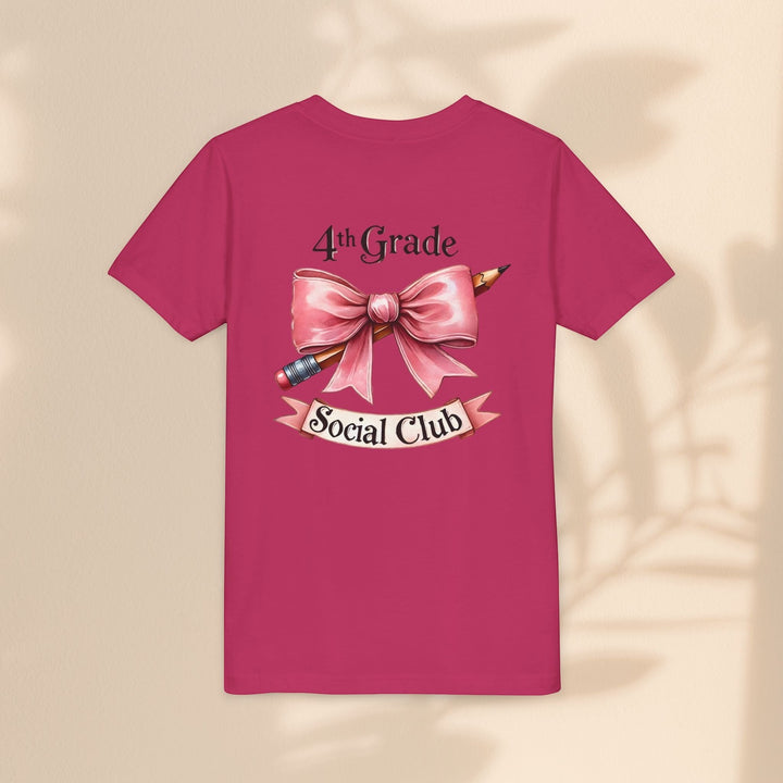 Sea Dragon Dreams youth short sleeve tee in dark pink with a 4th Grade Social Club pencil and bow graphic on the back
