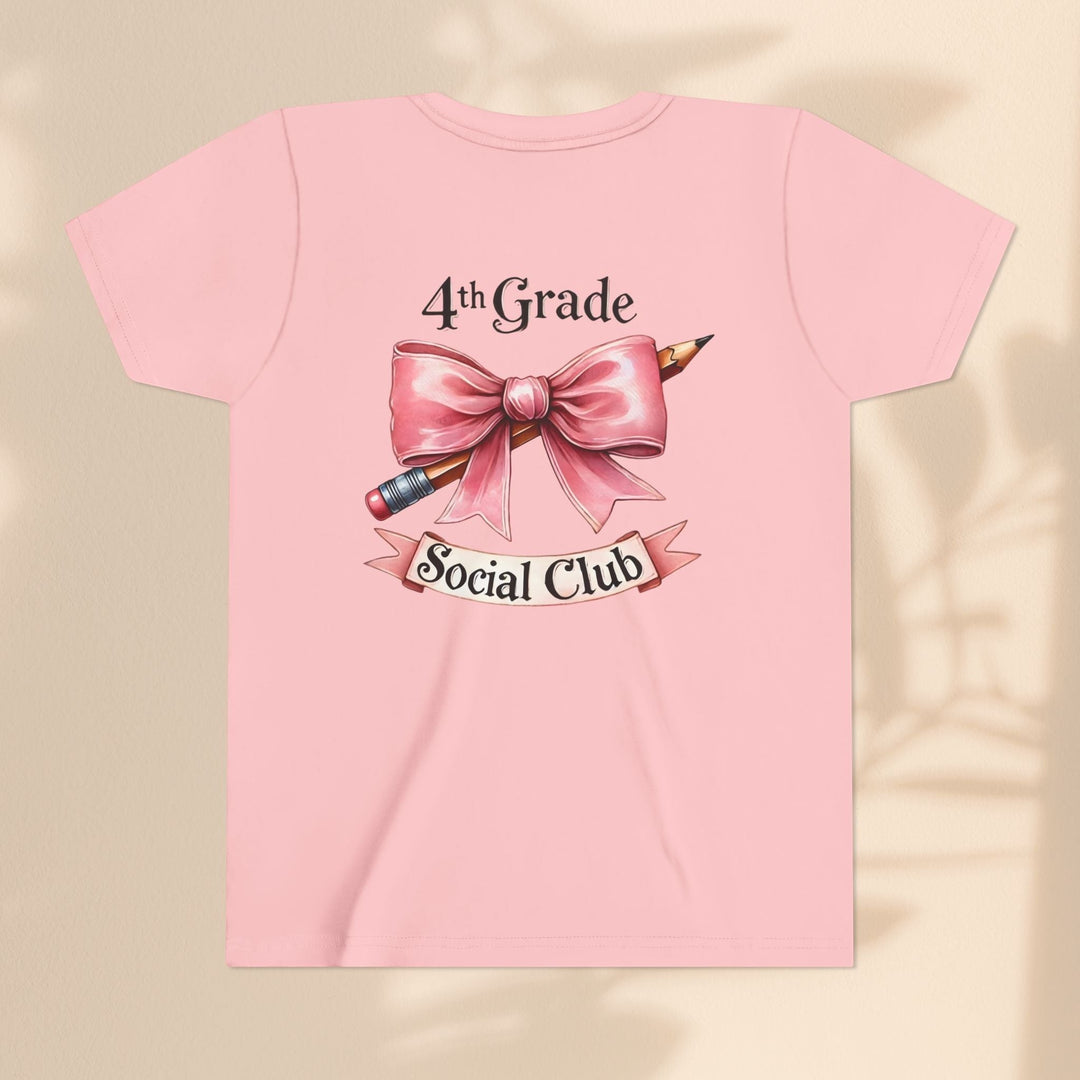Sea Dragon Dreams youth pink cotton t-shirt with 4th Grade Social Club graphic featuring a pencil and pink bow