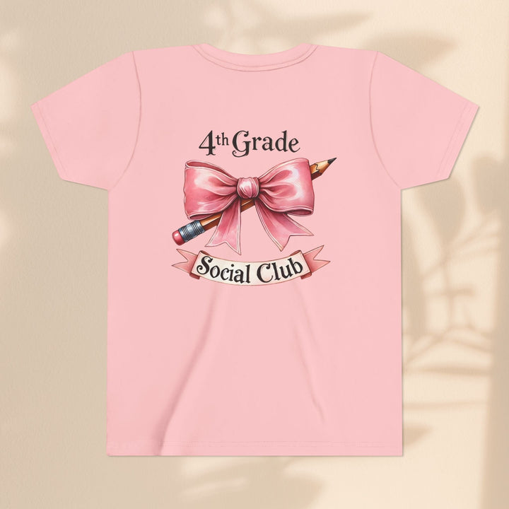 Sea Dragon Dreams youth pink cotton t-shirt with 4th Grade Social Club graphic featuring a pencil and pink bow