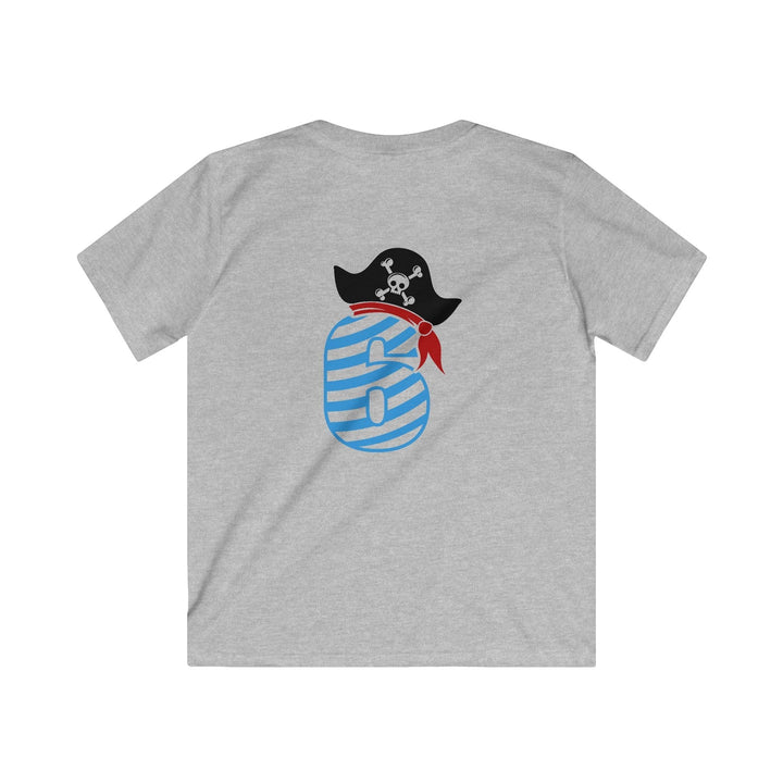 Sea Dragon Dreams grey kids t-shirt with a blue striped number 6 wearing a pirate hat for a 6th birthday.