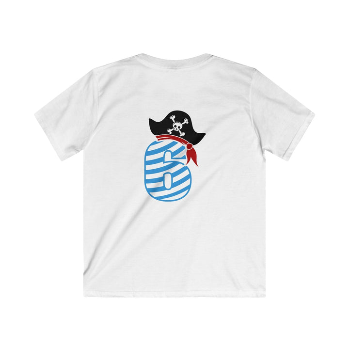 Sea Dragon Dreams white kids t-shirt featuring a blue striped number 6 with a pirate hat for a 6th birthday.