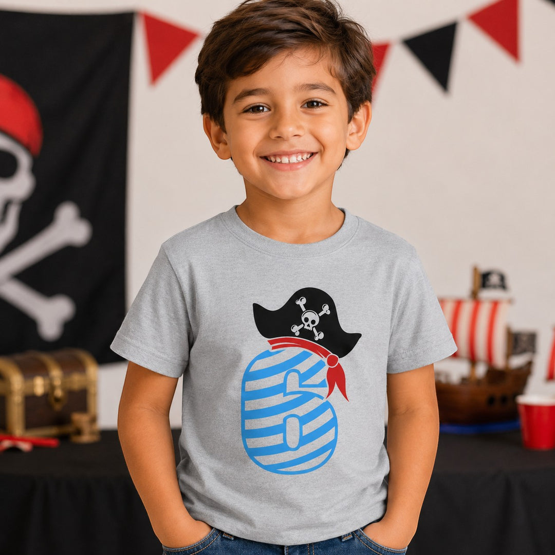 Sea Dragon Dreams grey kids t-shirt with a pirate-themed number 6 graphic for a 6th birthday party celebration.