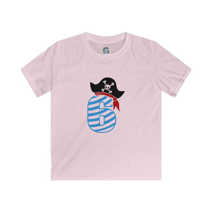 Sea Dragon Dreams light pink kids t-shirt featuring a blue striped number 6 with a pirate hat for a 6th birthday.