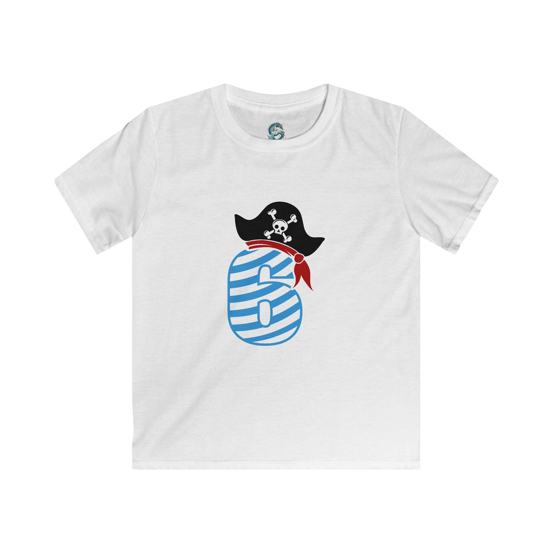 Sea Dragon Dreams white kids t-shirt featuring a blue striped number 6 with a pirate hat for a 6th birthday.