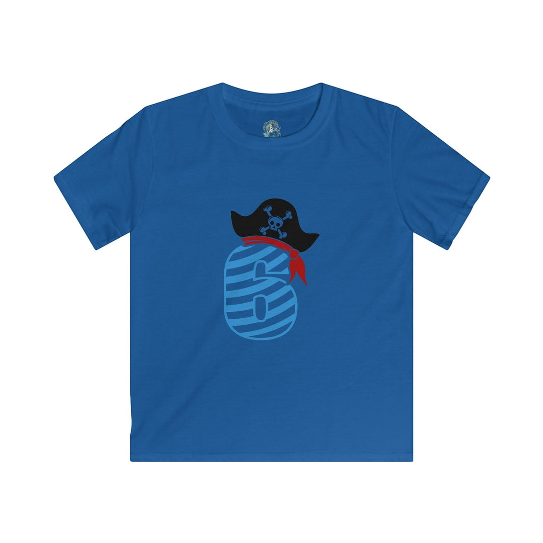 Sea Dragon Dreams blue kids t-shirt with a pirate-themed number 6 graphic for a 6th birthday celebration.