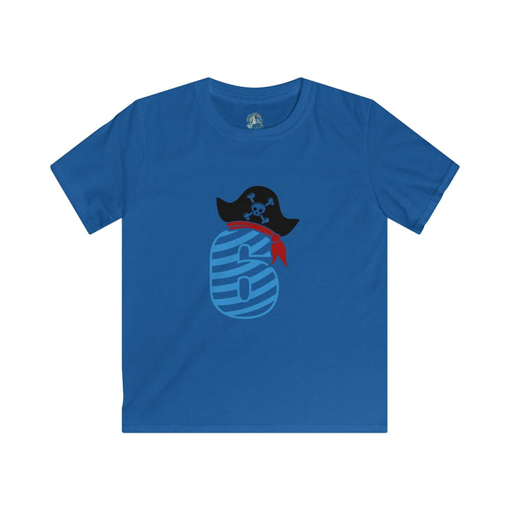 Sea Dragon Dreams blue kids t-shirt with a pirate-themed number 6 graphic for a 6th birthday celebration.