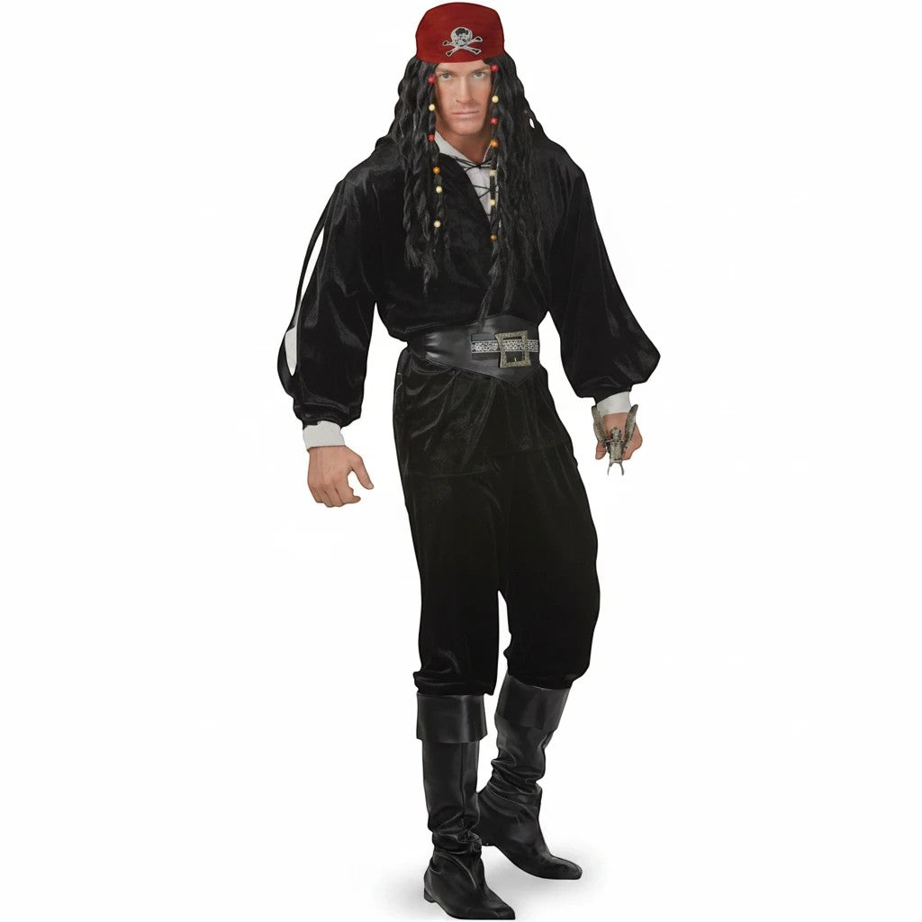 Sea Dragon Dreams pirate buccaneer costume set featuring a black velvet shirt, matching belt, and red headscarf.