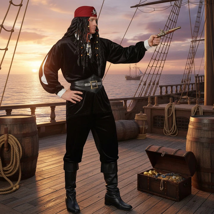 Sea Dragon Dreams pirate buccaneer costume set featuring a black velvet shirt and belt on a man standing on a ship deck