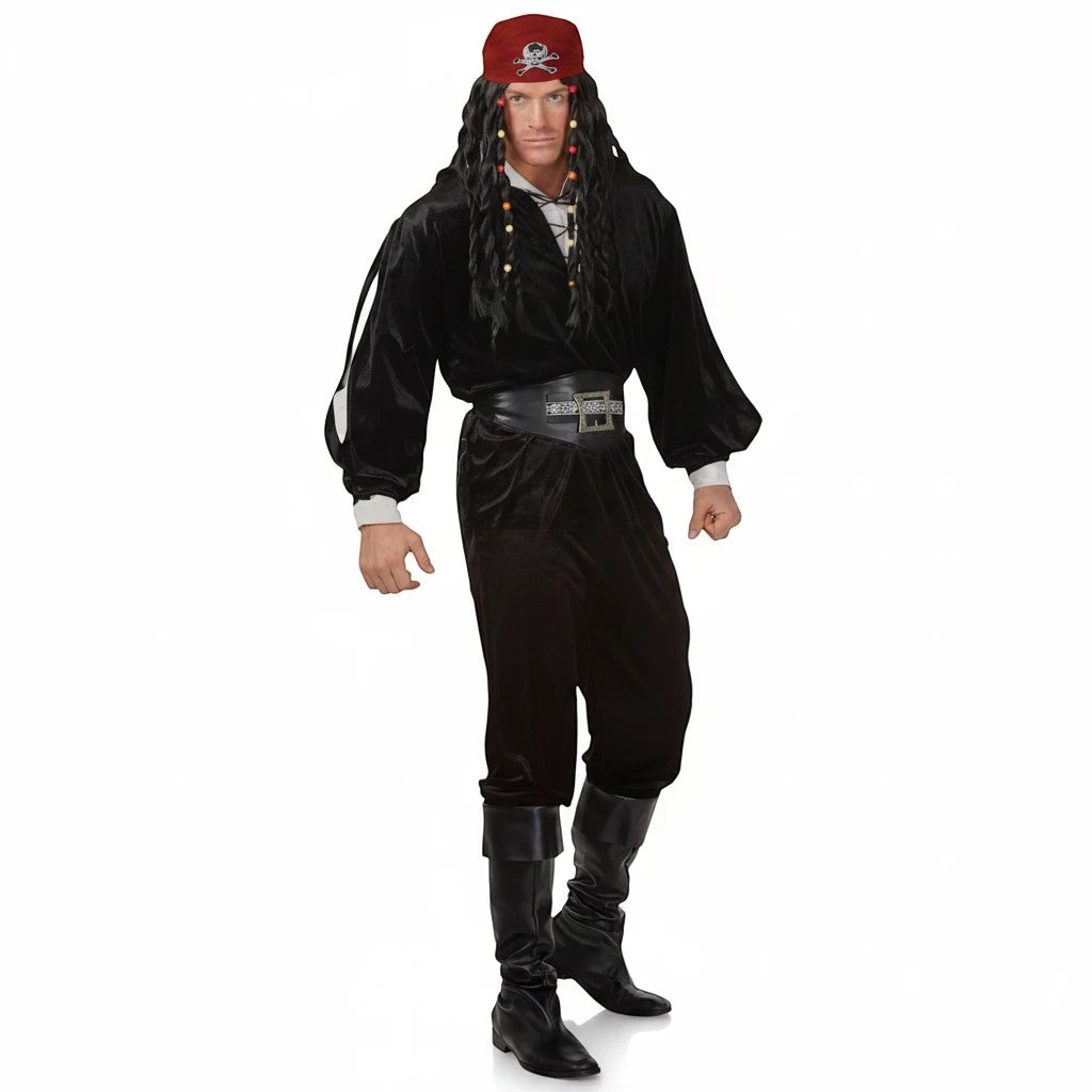 Sea Dragon Dreams pirate buccaneer costume set featuring a black velvet shirt, matching belt, and red bandana.