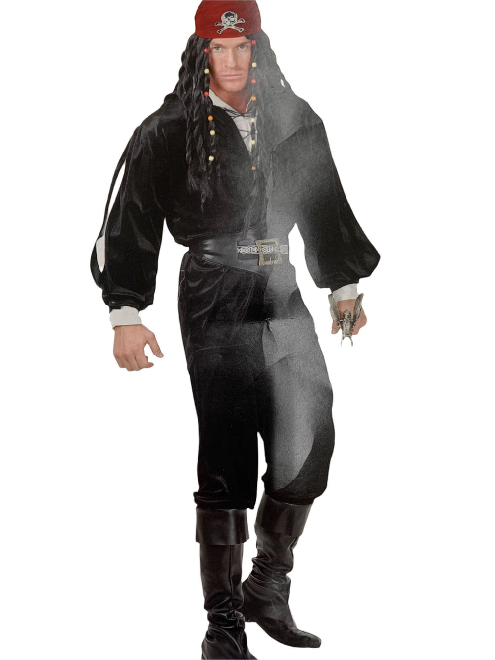 Sea Dragon Dreams pirate buccaneer costume featuring a black velvet shirt, matching belt, and red skull bandana.