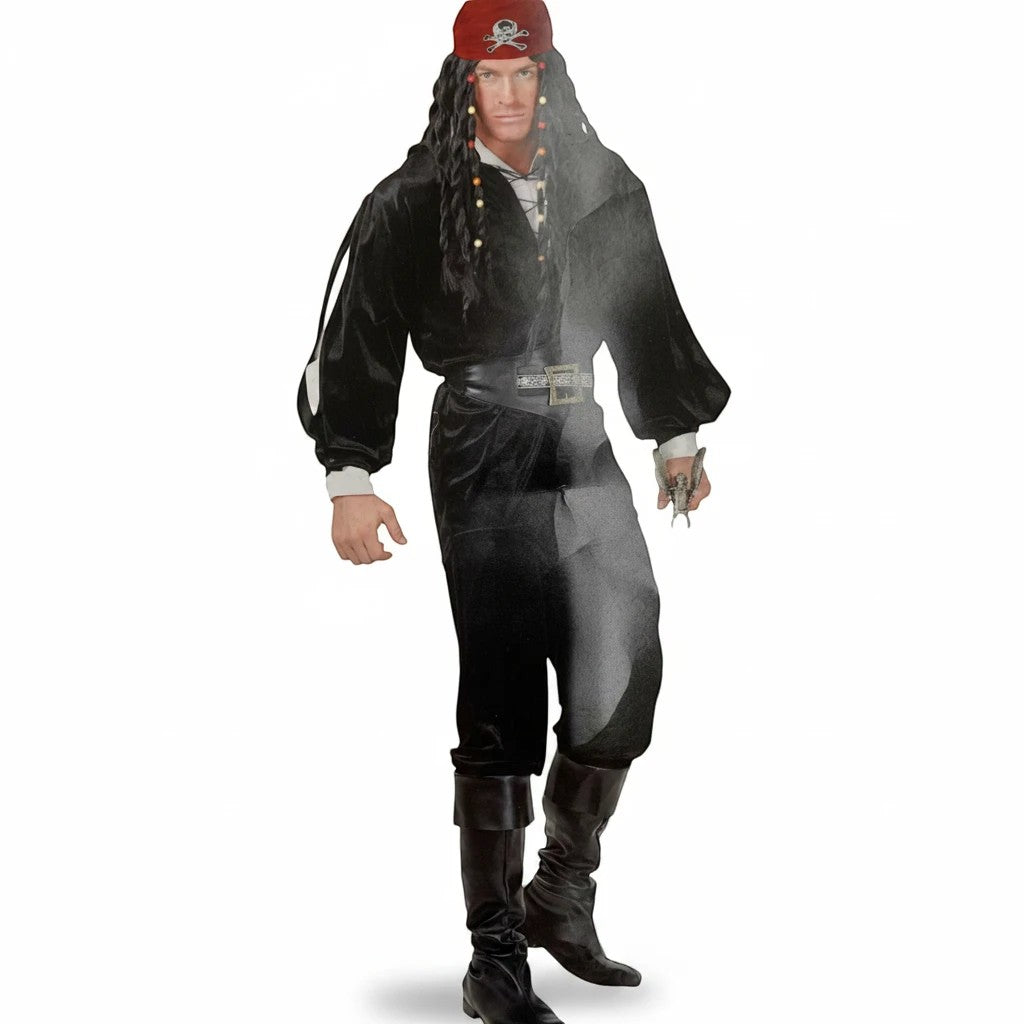 Sea Dragon Dreams pirate buccaneer costume set featuring a black velvet shirt and matching belt for swashbuckler looks.