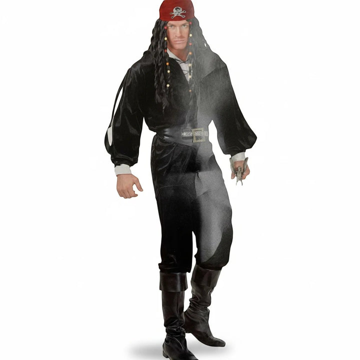 Sea Dragon Dreams pirate buccaneer costume set featuring a black velvet shirt and matching belt for swashbuckler looks.