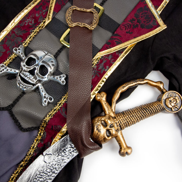 Sea Dragon Dreams kids pirate captain costume featuring a skull emblem, brown belt, and gold-hued toy sword.