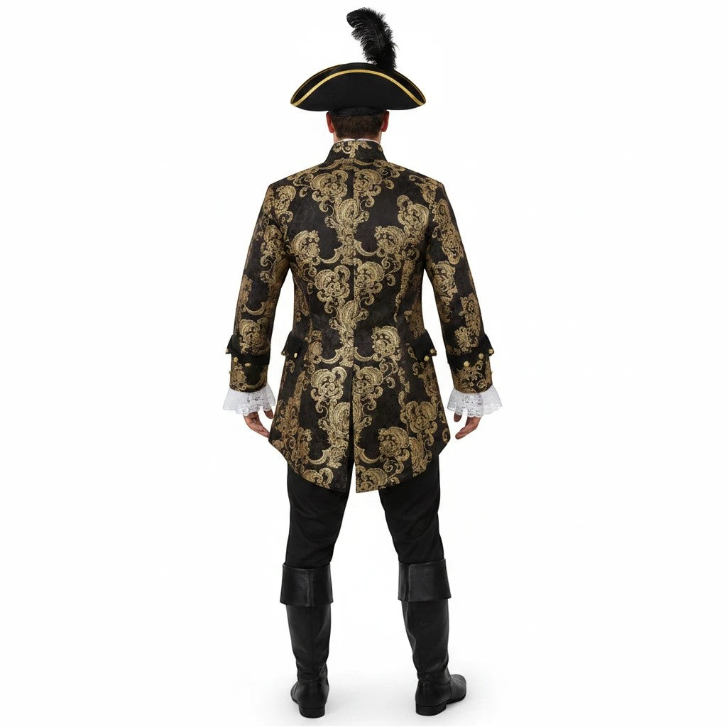 Sea Dragon Dreams French Pirate Captain Jacket in black and gold brocade with lace cuffs and a feathered tricorn hat.