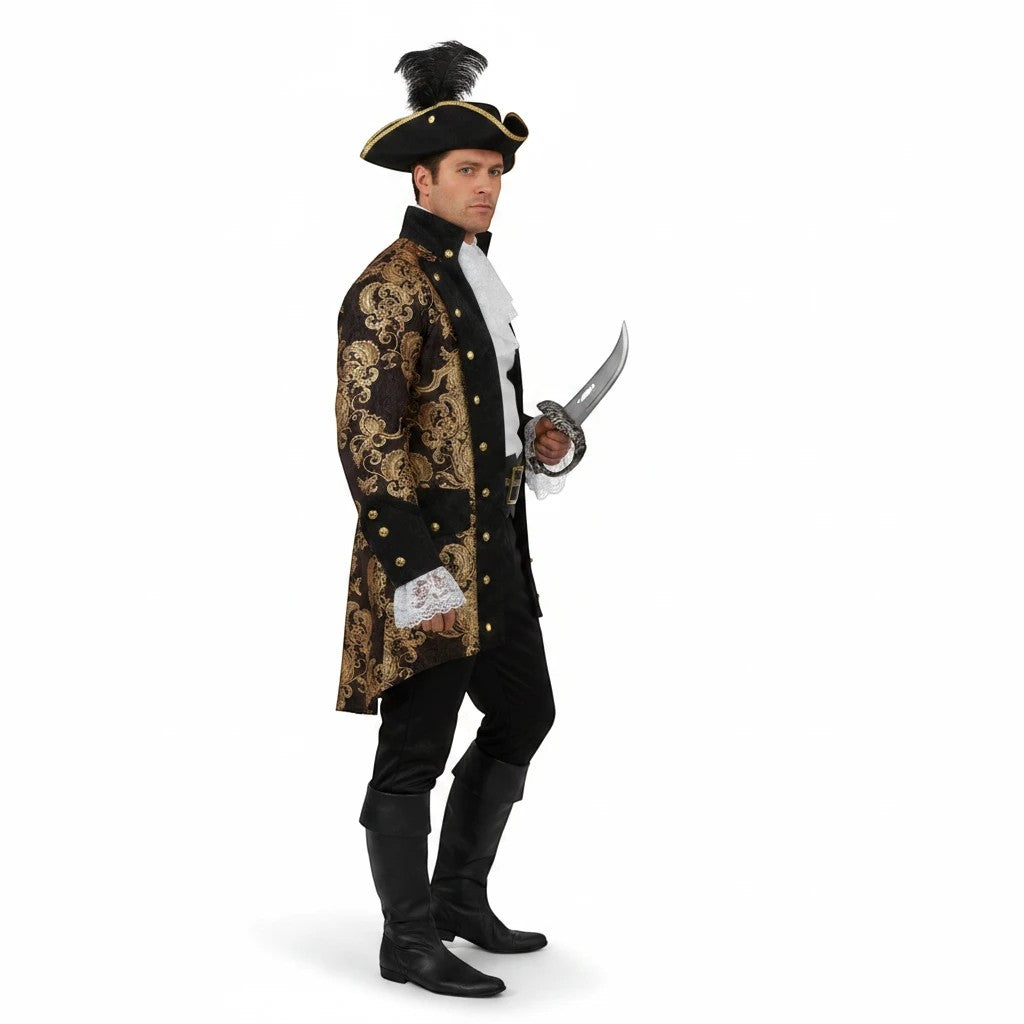 Sea Dragon Dreams French Pirate Captain Jacket in black and gold brocade with a tricorn hat and pirate sword