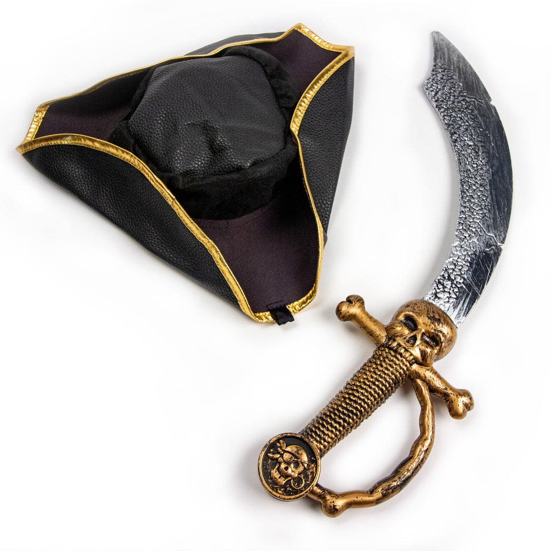 Sea Dragon Dreams pirate captain costume set featuring a black tricorn hat with gold trim and a plastic skull sword.