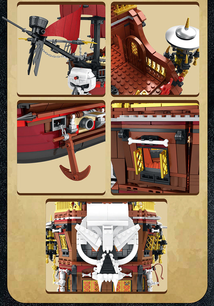 Sea Dragon Dreams 3,066-piece pirate ship building block set showing detailed plastic hull, anchor, and skull decor.