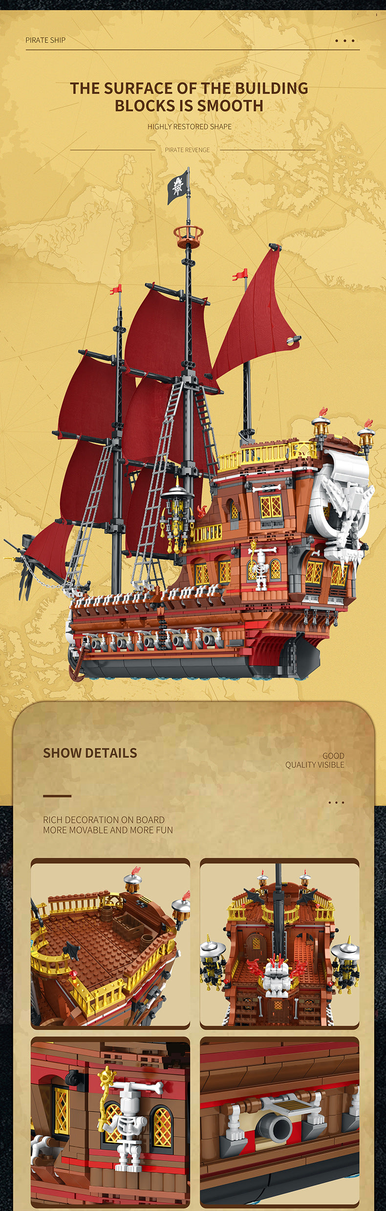 Sea Dragon Dreams advanced 3,066-piece pirate ship building block set with red sails and detailed deck features.
