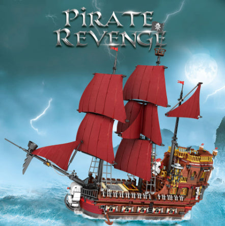 Sea Dragon Dreams 3,066-piece pirate ship building block set with red sails and detailed hull on stormy ocean background
