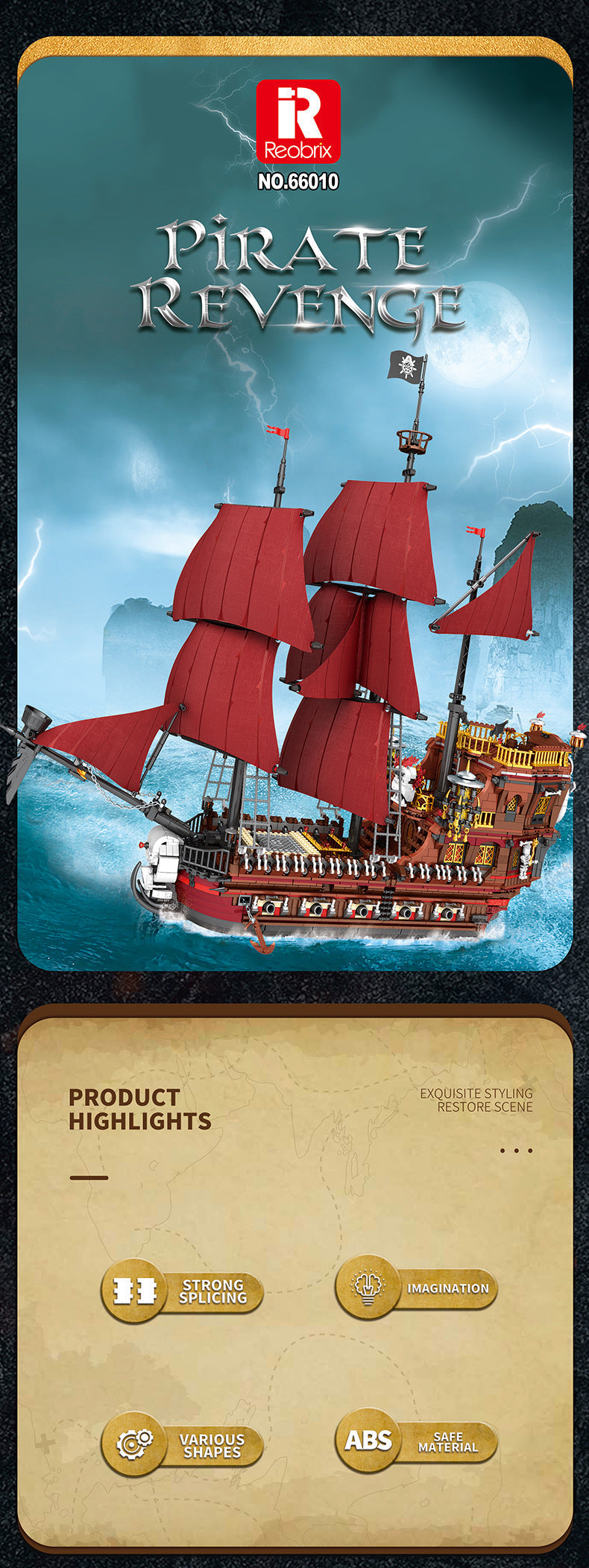 Sea Dragon Dreams advanced pirate ship building block set with red sails and detailed plastic construction