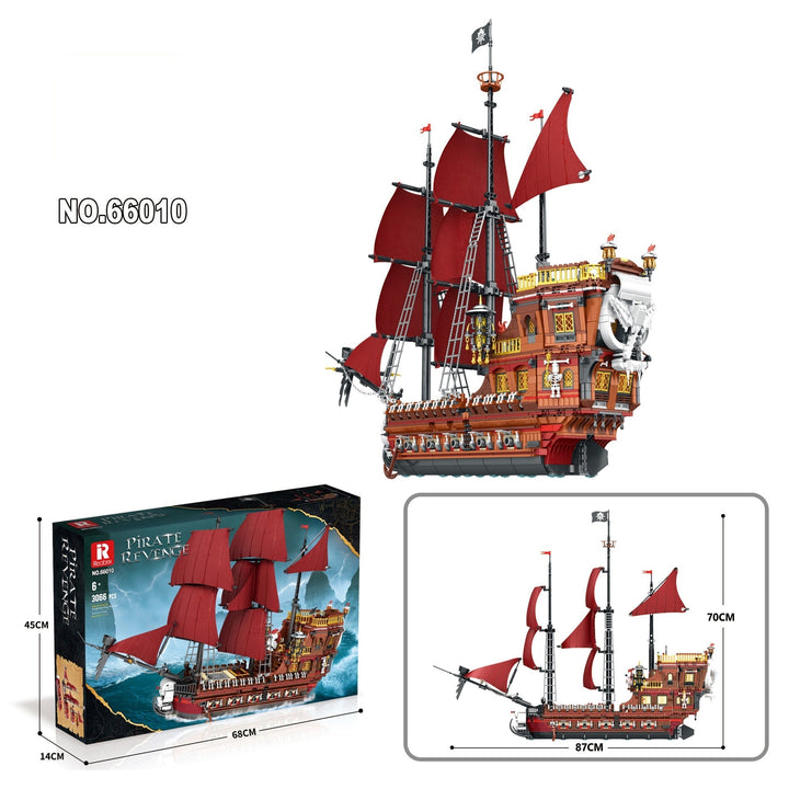 Sea Dragon Dreams 3,066-piece advanced pirate ship building block set with red sails and detailed plastic construction.
