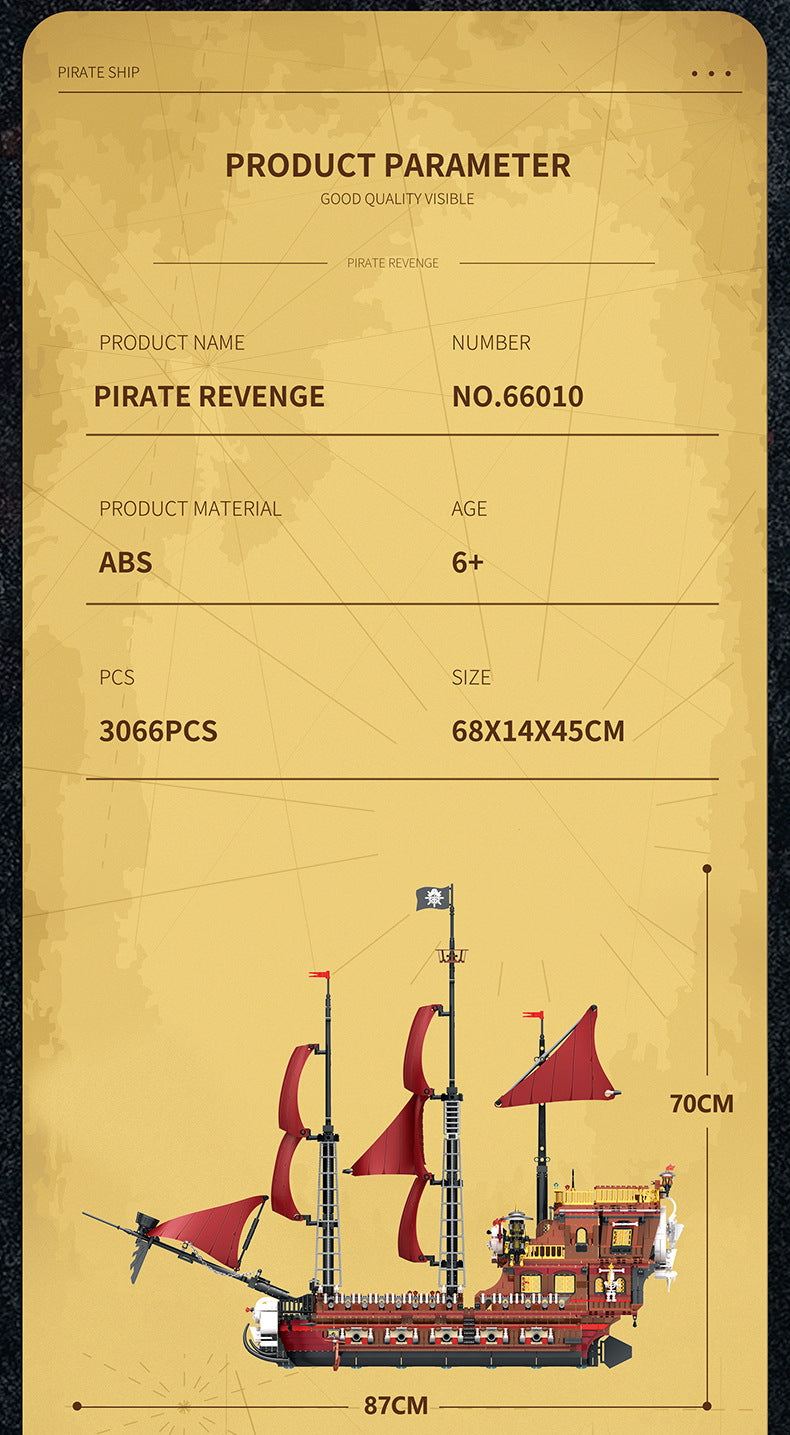 Sea Dragon Dreams Pirate Revenge ship building block set with 3066 pieces, featuring red sails and detailed rigging.