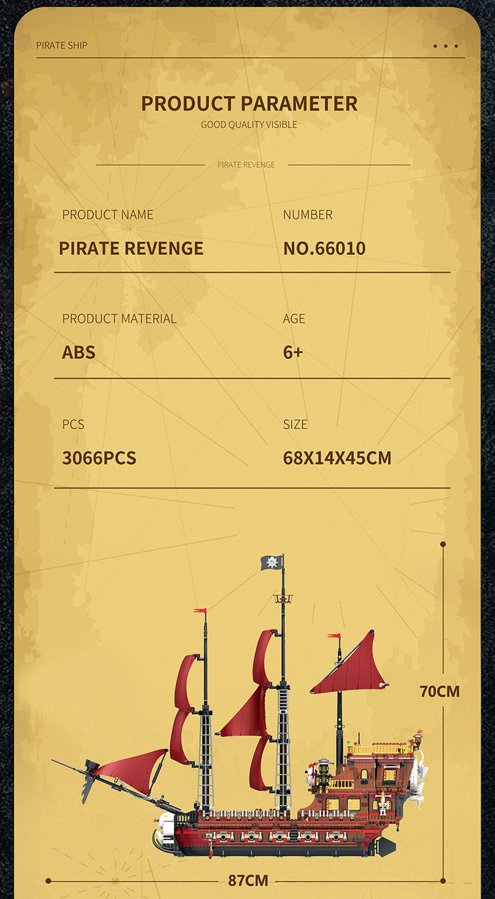 Sea Dragon Dreams Pirate Revenge ship building block set with 3066 pieces, featuring red sails and detailed rigging.