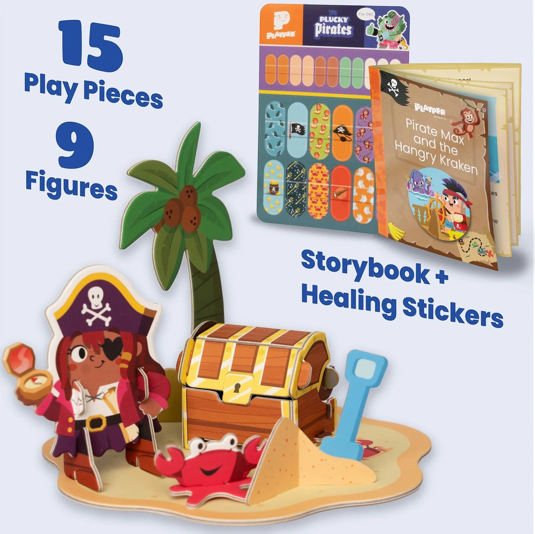 Sea Dragon Dreams Banana-Rama Pirate Ship playset with buildable pirate figures, treasure chest, palm tree, and stickers.