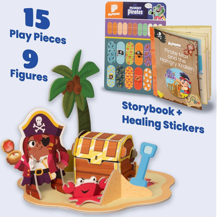 Sea Dragon Dreams Banana-Rama Pirate Ship playset with buildable pirate figures, treasure chest, palm tree, and stickers.