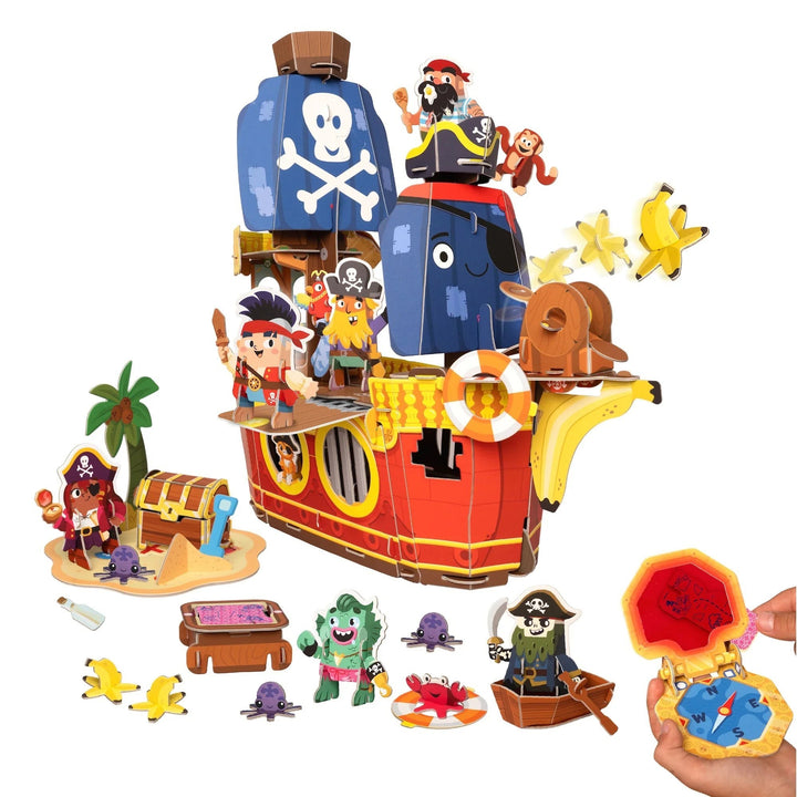 Sea Dragon Dreams Banana-Rama Pirate Ship playset with buildable characters, treasure chest, and accessories on white.