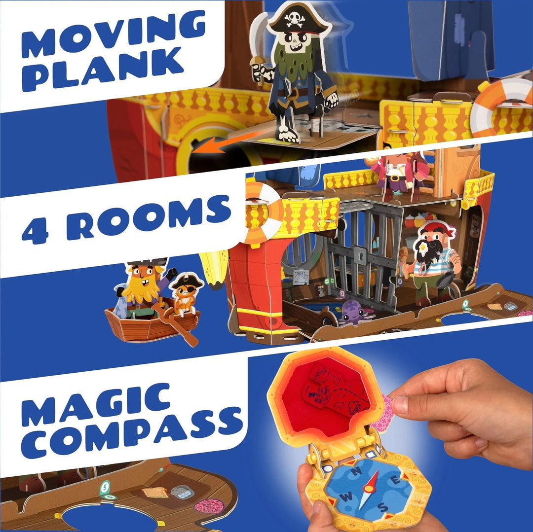 Sea Dragon Dreams Banana-Rama Pirate Ship playset showing moving plank, four rooms, and a magic compass accessory.