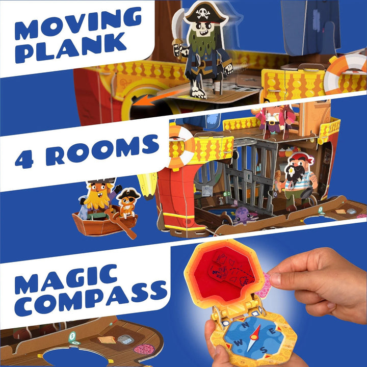 Sea Dragon Dreams Banana-Rama Pirate Ship playset showing moving plank, four rooms, and a magic compass accessory.