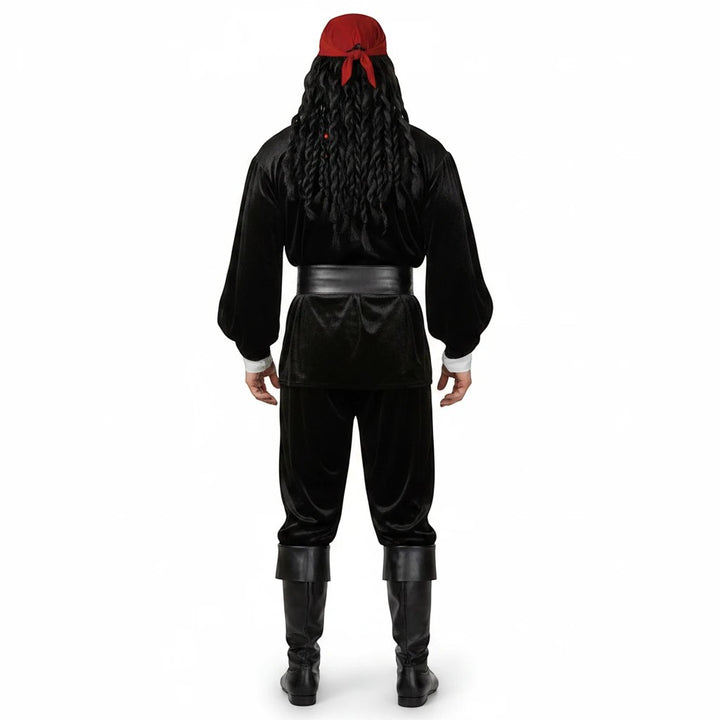 Sea Dragon Dreams pirate costume featuring a black velvet shirt and belt worn by a person with long hair and red bandana