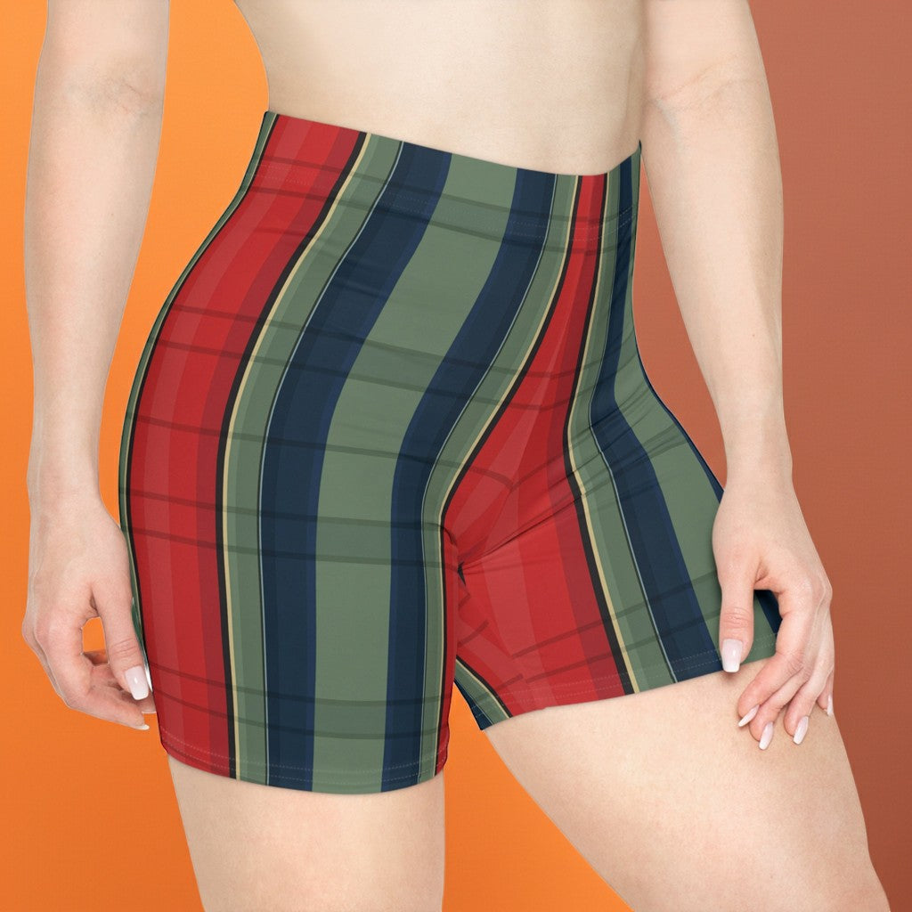 Sea Dragon Dreams high-waisted biker shorts in a retro green, red, and navy blue plaid stripe performance fabric.