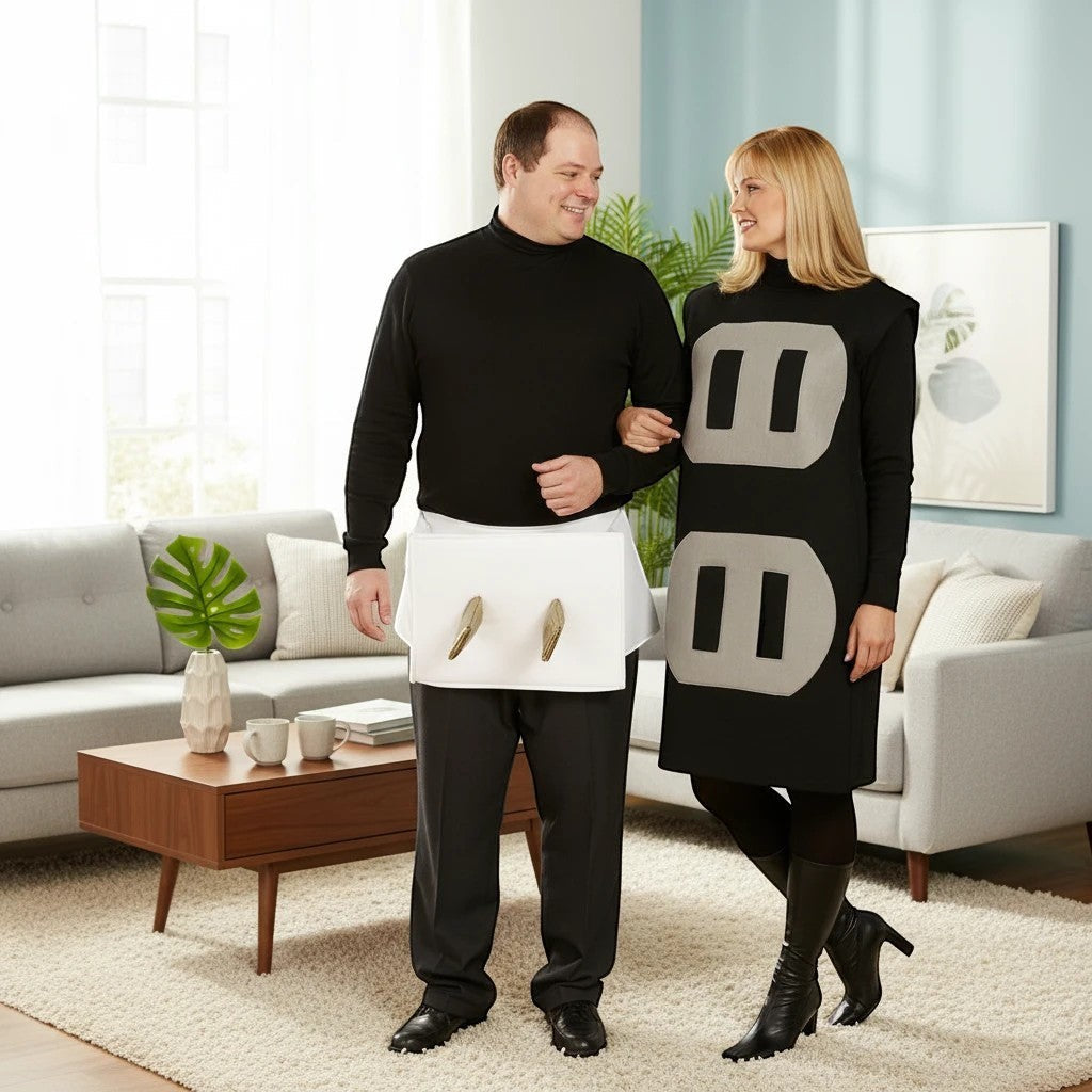 Sea Dragon Dreams plug and socket couples costume featuring a man in a plug tunic and a woman in a socket dress.