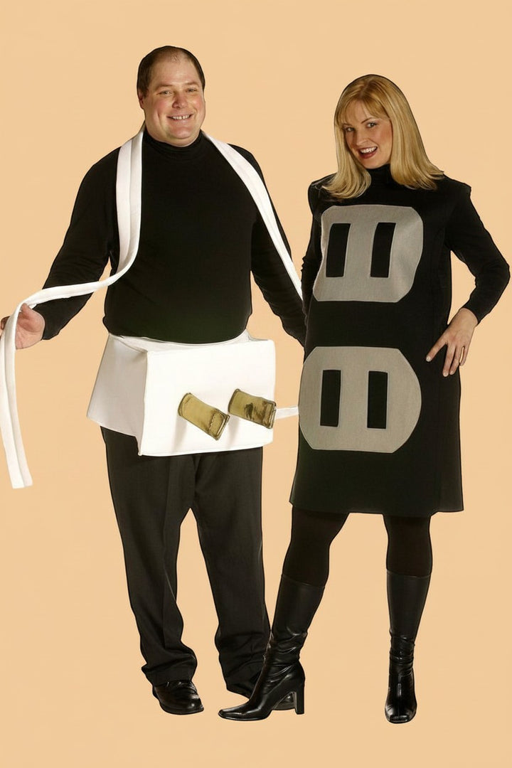 Sea Dragon Dreams plug and socket couples costume featuring a white plug tunic and black socket dress for Halloween.