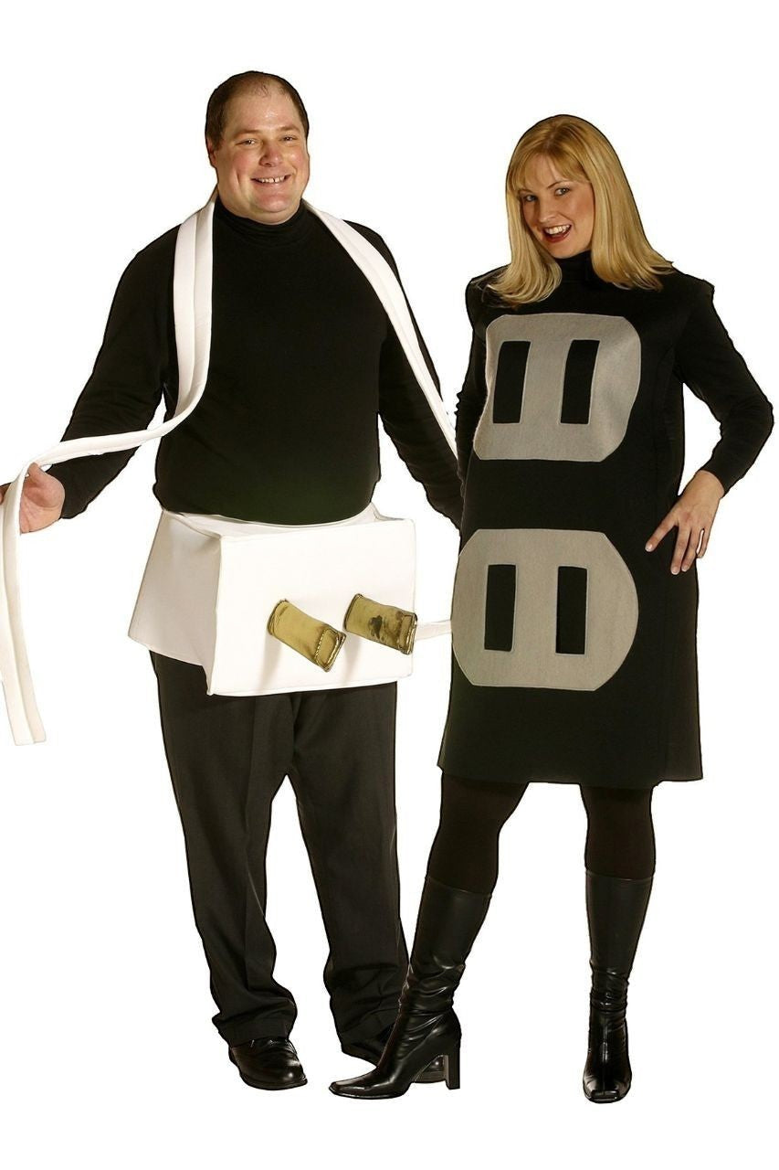Sea Dragon Dreams plug and socket couples costume featuring a white plug tunic and black socket dress for Halloween.