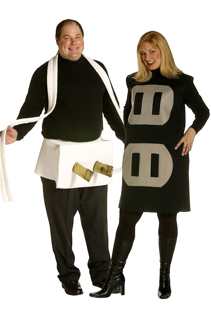 Sea Dragon Dreams plug and socket couples costume featuring a white plug tunic and black socket dress for Halloween.