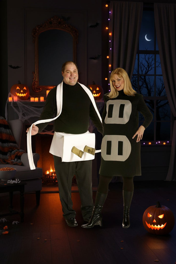 Sea Dragon Dreams plug and socket couples costume featuring a man and woman in funny matching Halloween outfits.