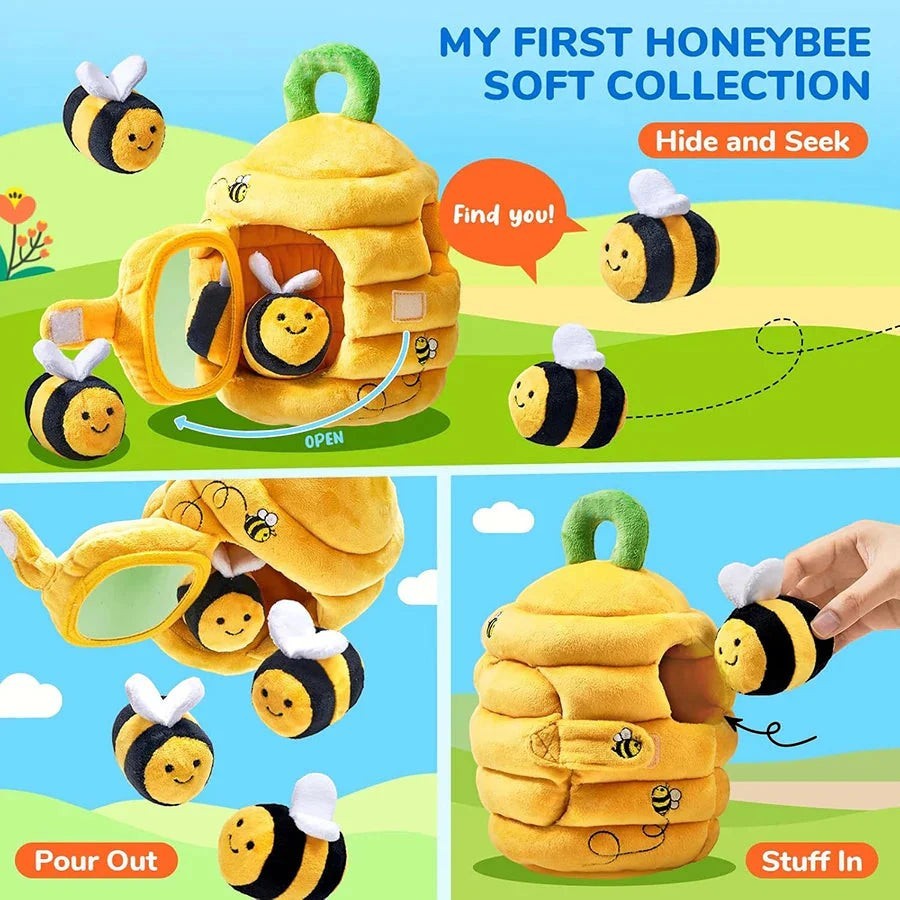 Sea Dragon Dreams soft plush beehive toy with five sensory bee rattles, featuring crinkle, mirror, and squeaker parts.