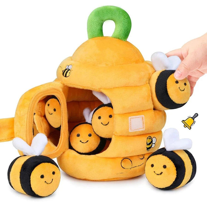 Sea Dragon Dreams soft plush beehive toy with five sensory bee rattles for babies, featuring crinkle and mirror parts.