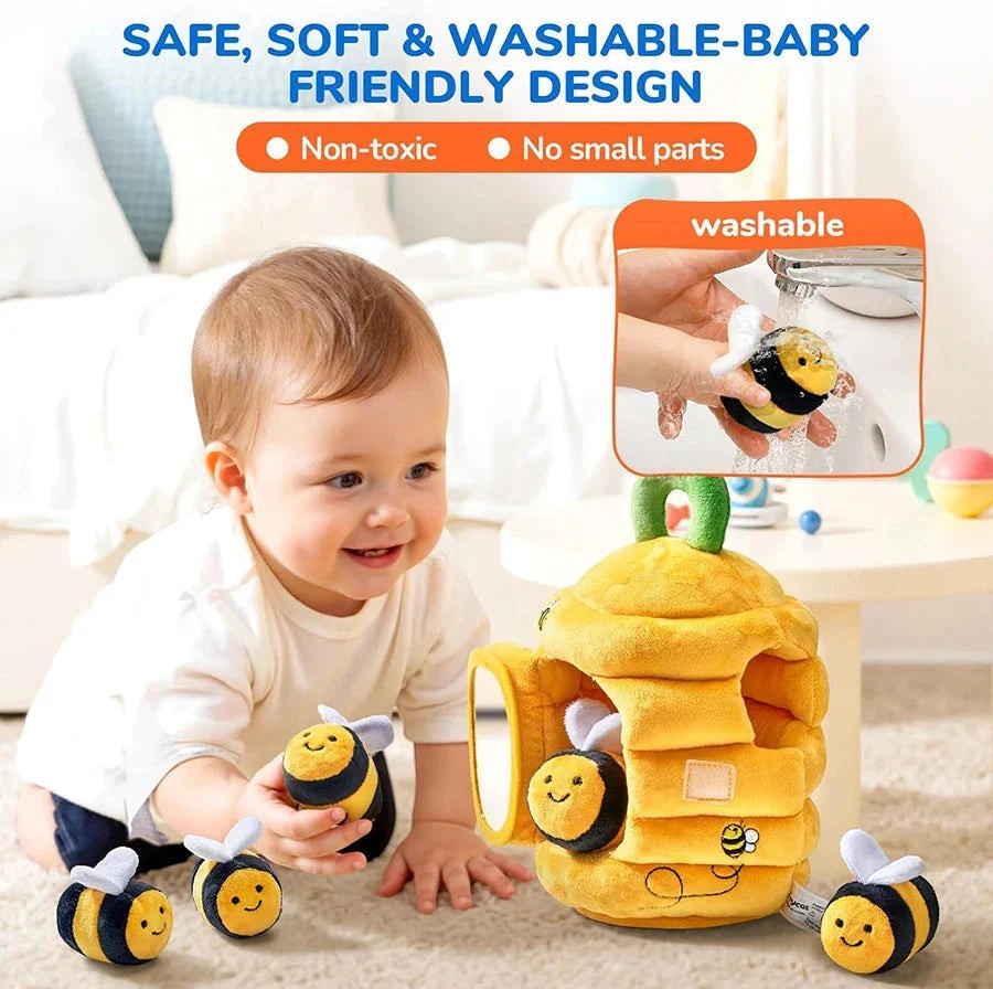 Sea Dragon Dreams soft plush beehive toy with sensory bee rattles for babies, featuring washable fabric and mirror.