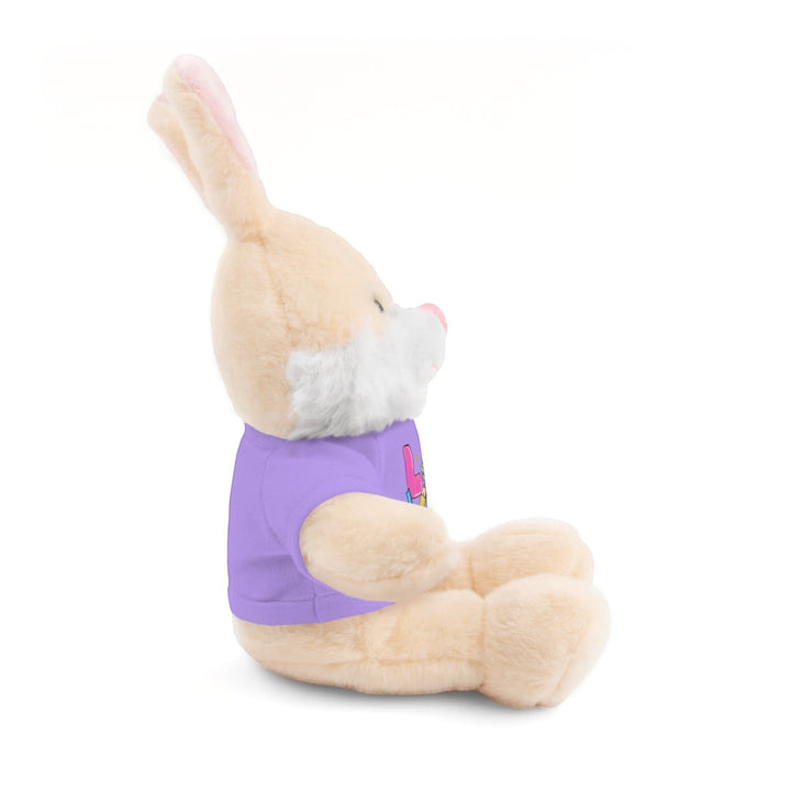 Sea Dragon Dreams 8-inch plush bunny wearing a purple cotton t-shirt with Love Teacher Life print, side view