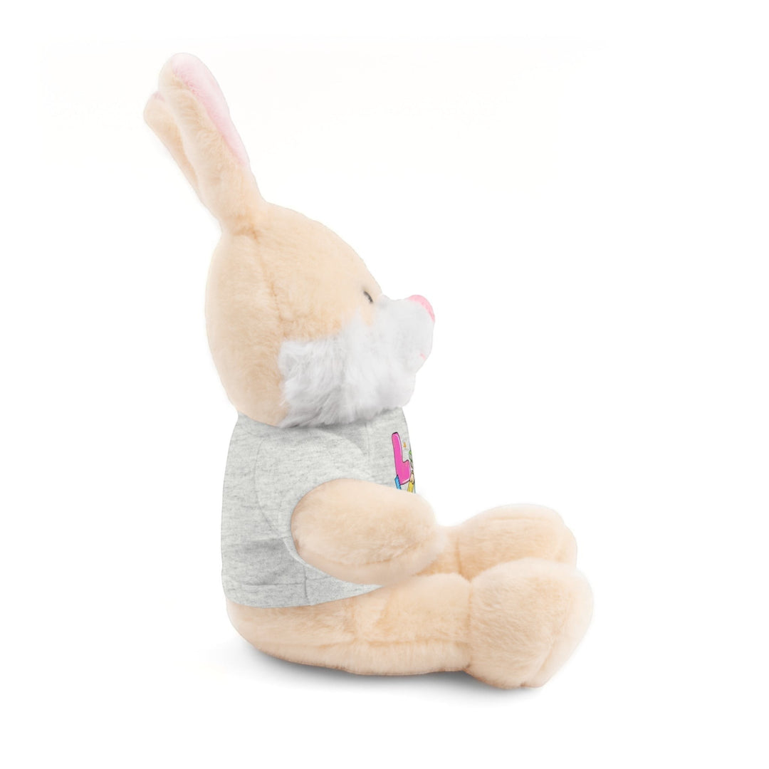 Sea Dragon Dreams 8-inch plush bunny stuffed animal wearing a grey cotton t-shirt with Love Teacher Life print