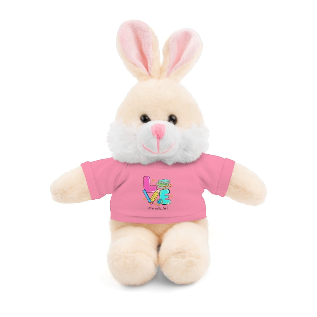 Sea Dragon Dreams plush bunny wearing a pink cotton t-shirt with a Love Teacher Life graphic print